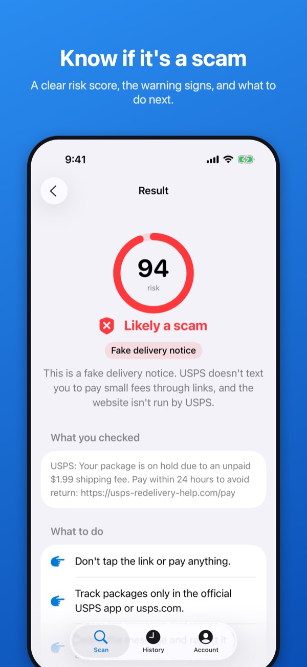 A result in Safe to Tap: risk 94, likely a scam, a fake delivery notice, with what to do next.